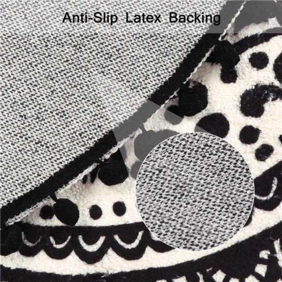 Small Round Rug 2’ Boho Beige and Black Bathroom Rug with Pom Poms Fringe - Picture 4 of 6